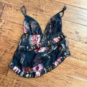 PrettyLittleThing Black Floral Print Frill Ruffled Asymmetrical Camisole Chiffon